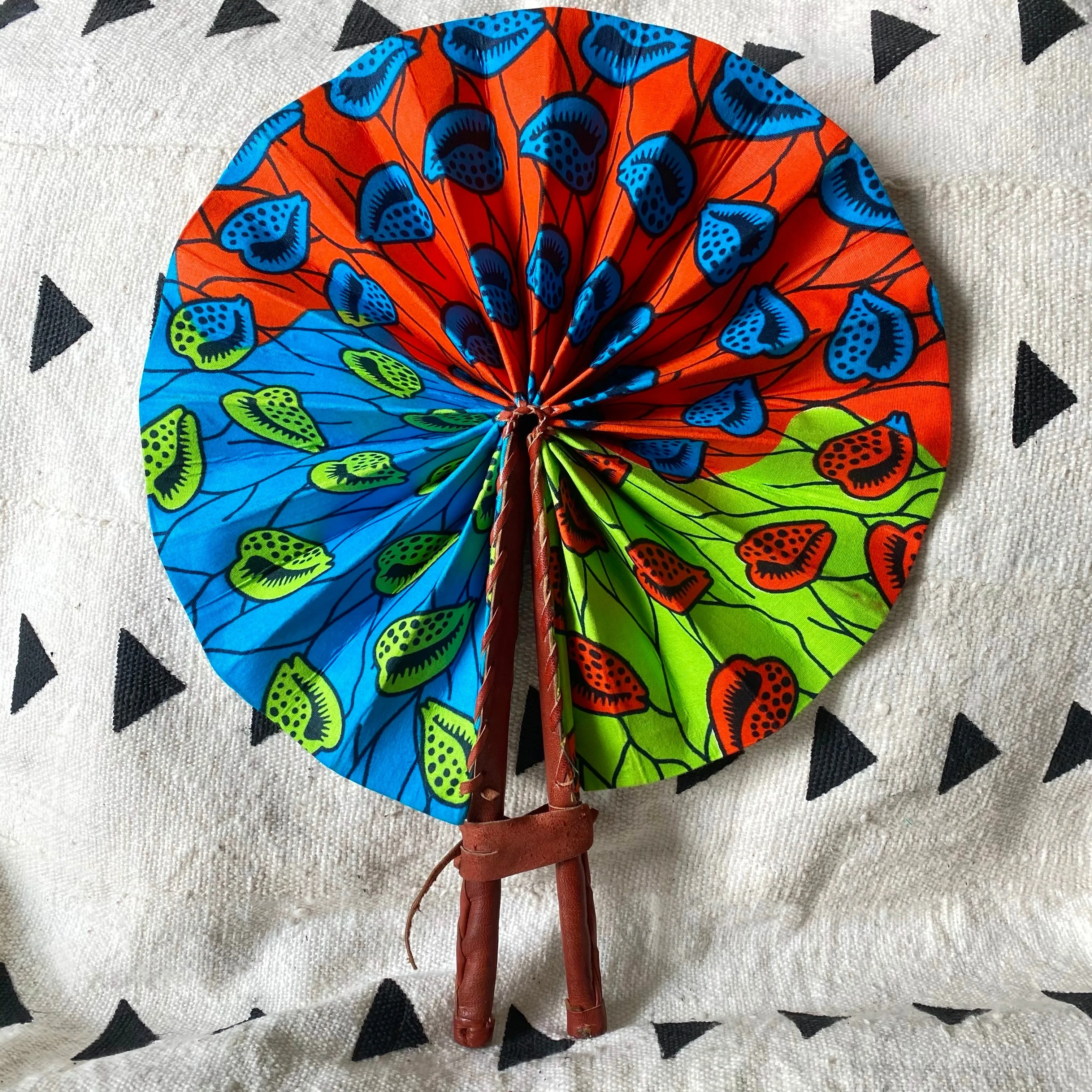 African Print Fan - Teal/Orange/Lime Green