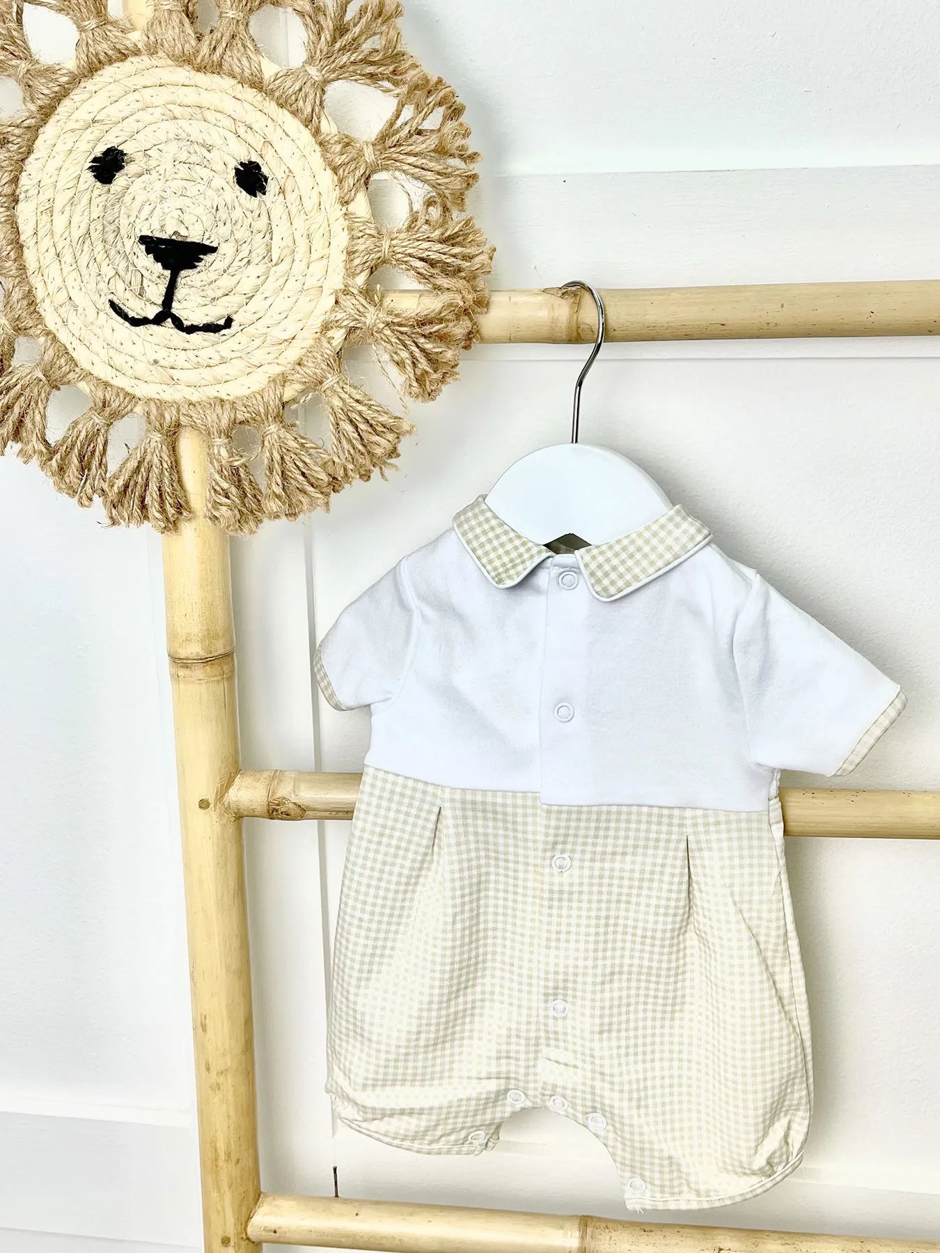 Beige and White Checked Safari Romper