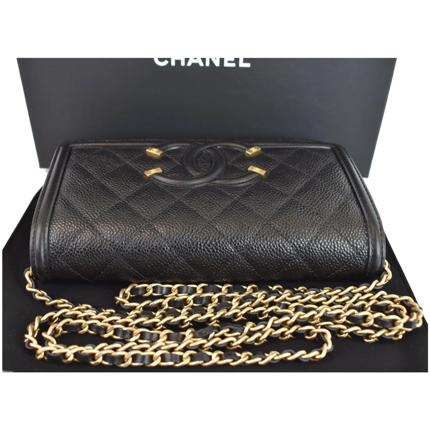 CHANEL CC Filigree Small Flap Caviar Leather Shoulder Bag Black