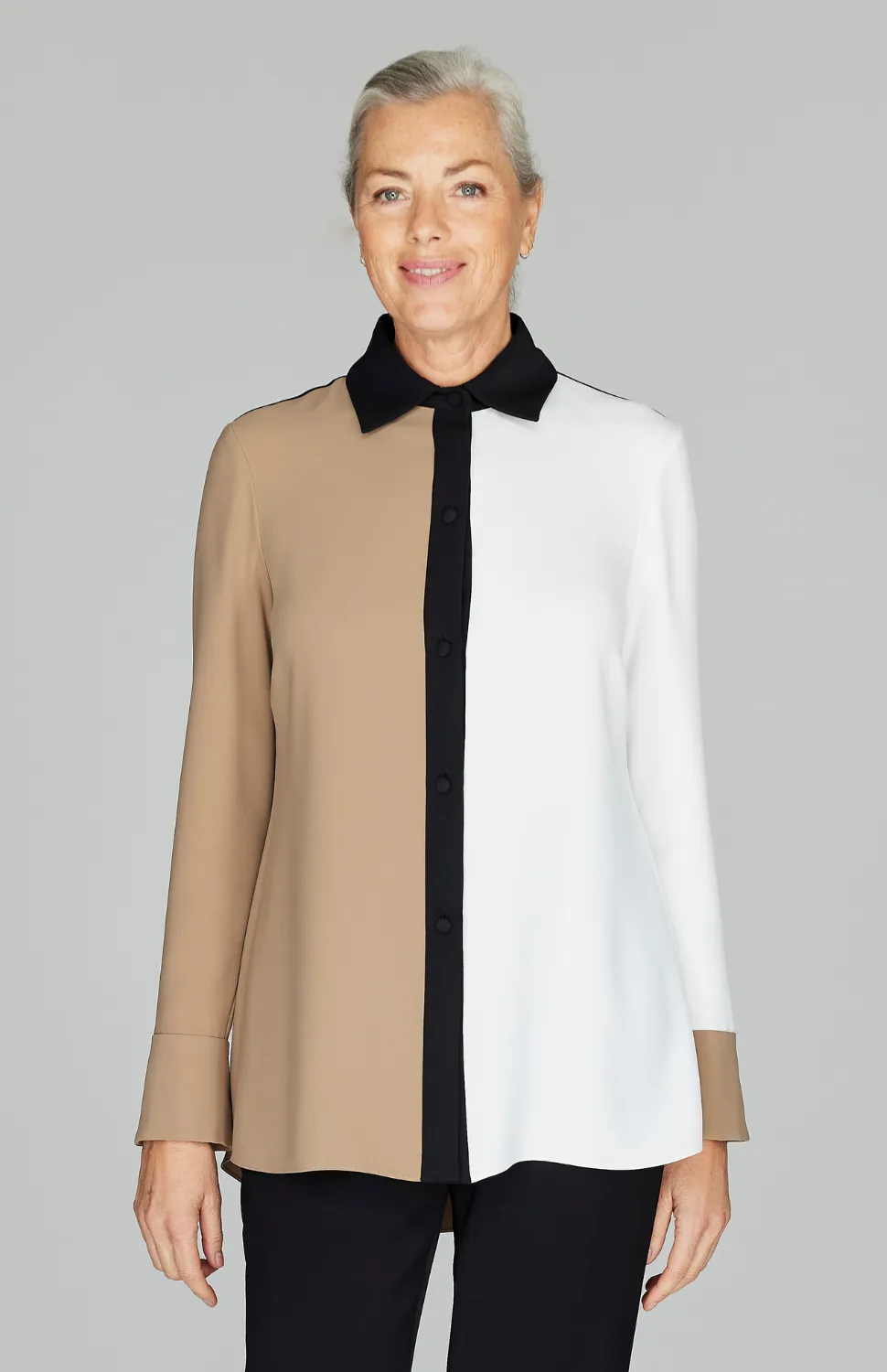 Color Block Lustrous Crepe Back Overlap Shirt