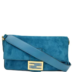 FENDI Baguette Large Suede Shoulder Bag Blue 8BR771