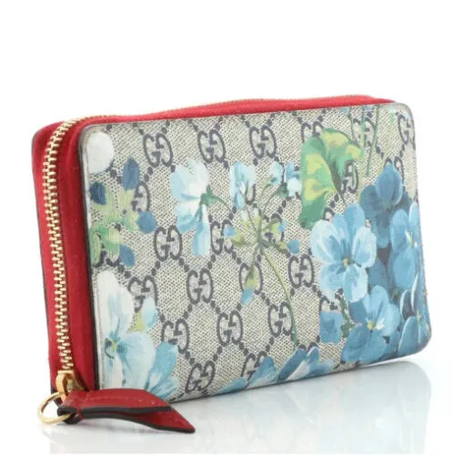 GUCCI Blooms GG Supreme Red Trim Blue Navy Flowers Zip Around Purse Wallet New