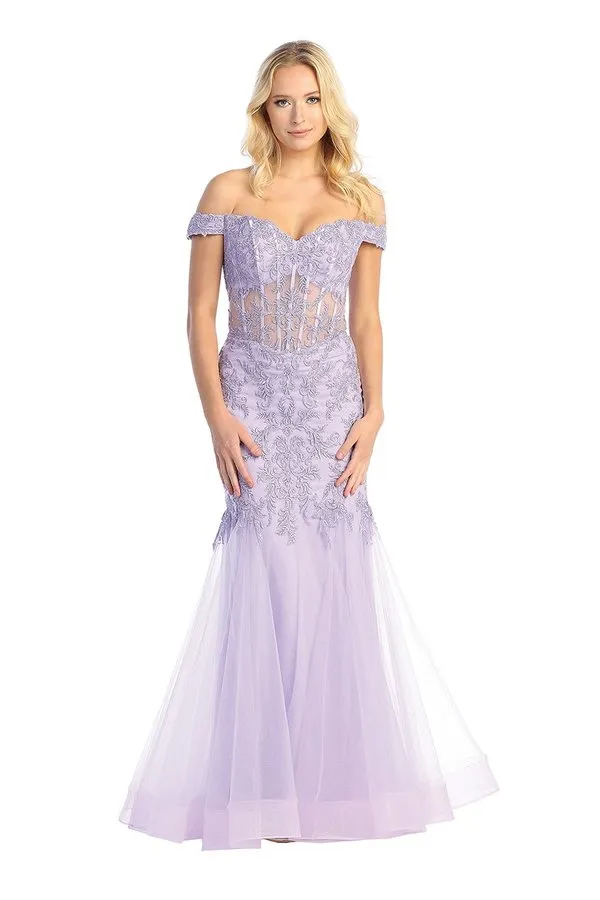 LF 7725 - Off The Shoulder Fit & Flare Prom Gown with Sheer Boned Lace Applique Bodice & Shimmer Tulle Skirt