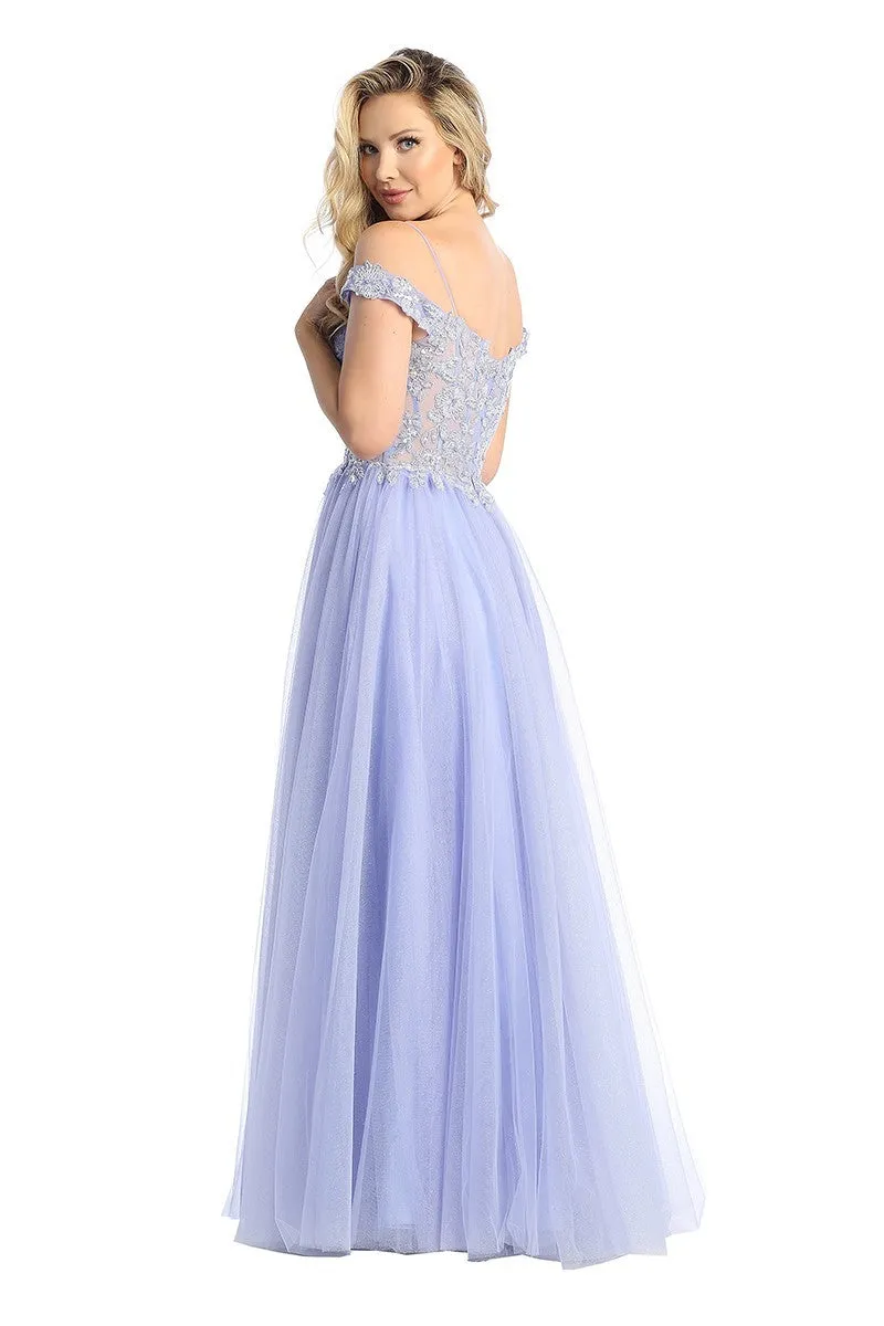 LF 7792 - Shimmer Tulle A-Line Prom Gown with Beaded Lace Sheer Boned Off the Shoulder Bodice & Leg Slit
