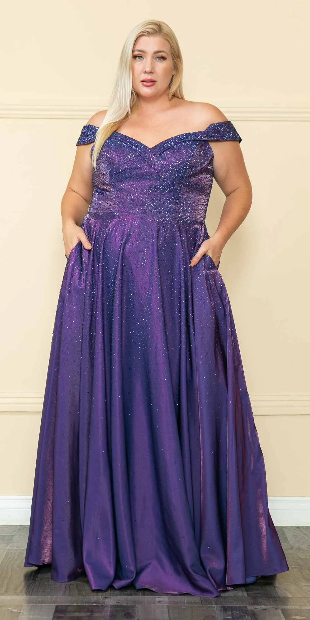 Lindas W1112 Off The Shoulder Two Tone Shimmer Dress with Rhinestones Bodice and Pockets
