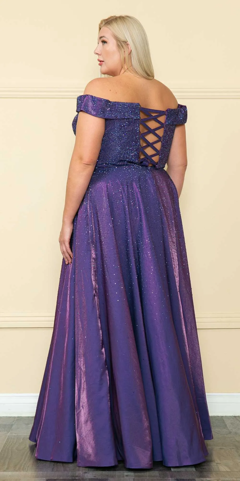 Lindas W1112 Off The Shoulder Two Tone Shimmer Dress with Rhinestones Bodice and Pockets