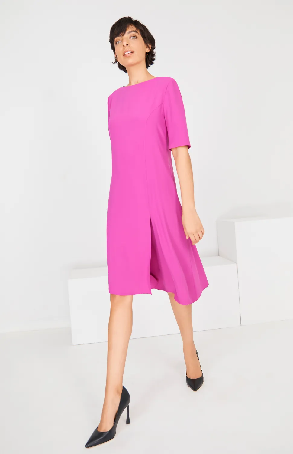 Lustrous Crepe Short Sleeve Layered Dress Berry