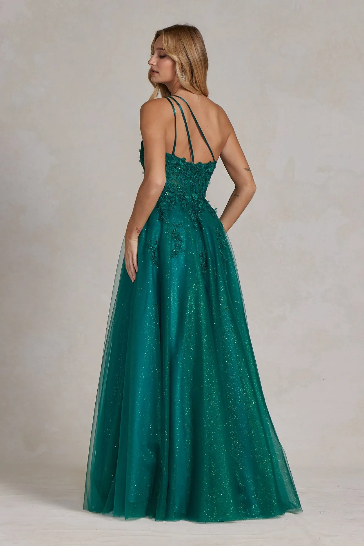 N T1143 - One Shoulder A-Line Prom Gown with Sheer Beaded Lace Bodice Strappy Back & Shimmer Tulle Skirt