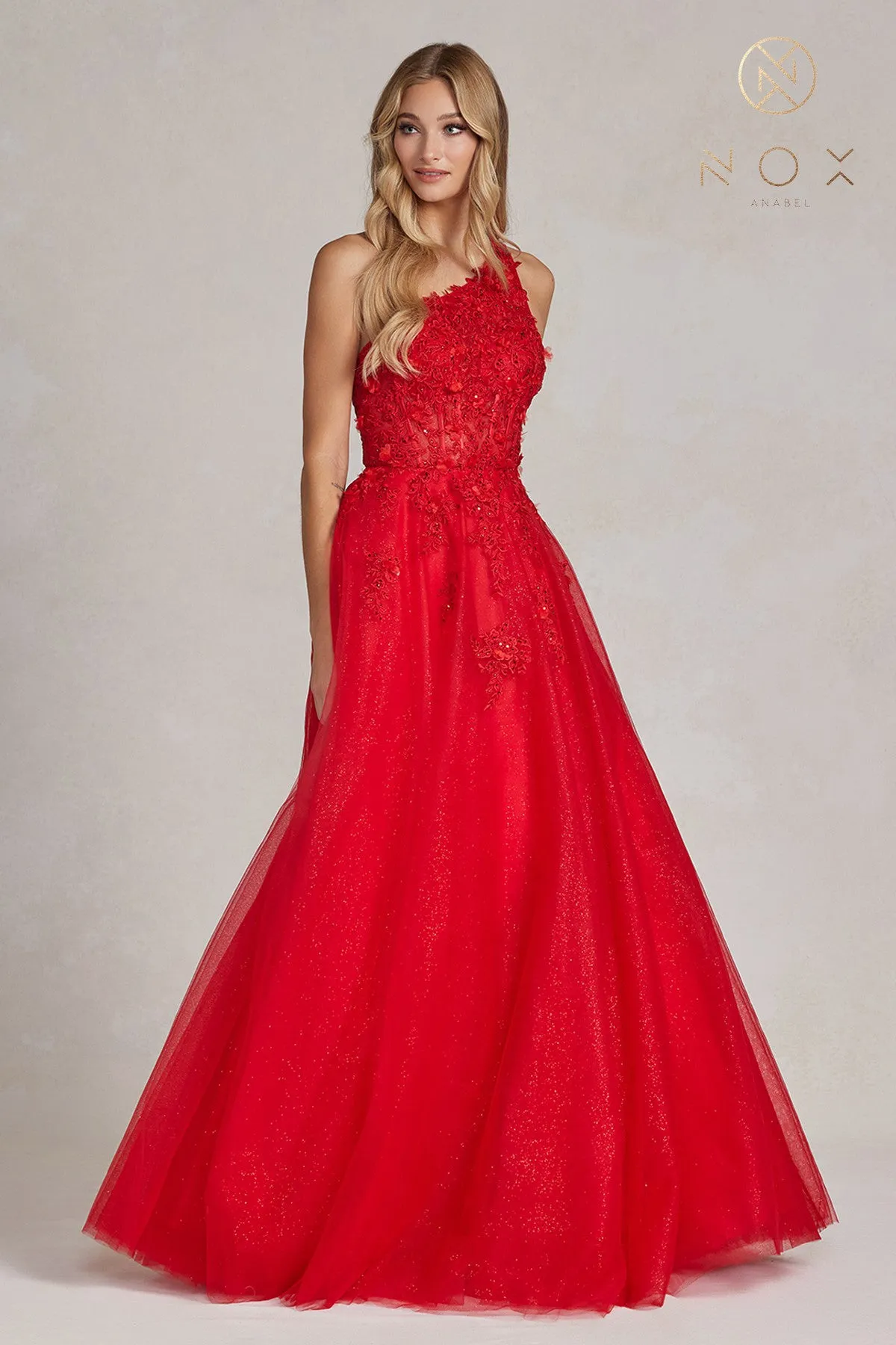 N T1143 - One Shoulder A-Line Prom Gown with Sheer Beaded Lace Bodice Strappy Back & Shimmer Tulle Skirt