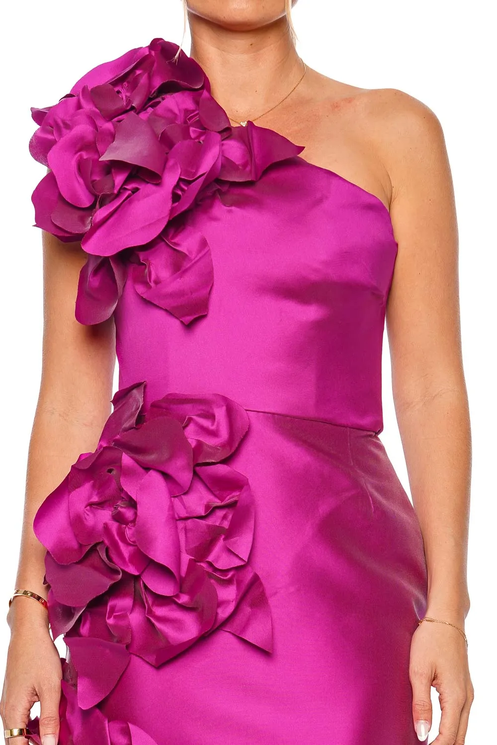Raspberry One Shoulder Magnolia Flower Gown