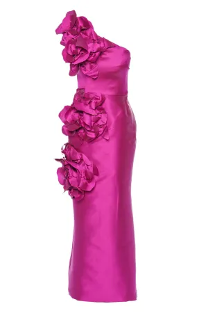 Raspberry One Shoulder Magnolia Flower Gown