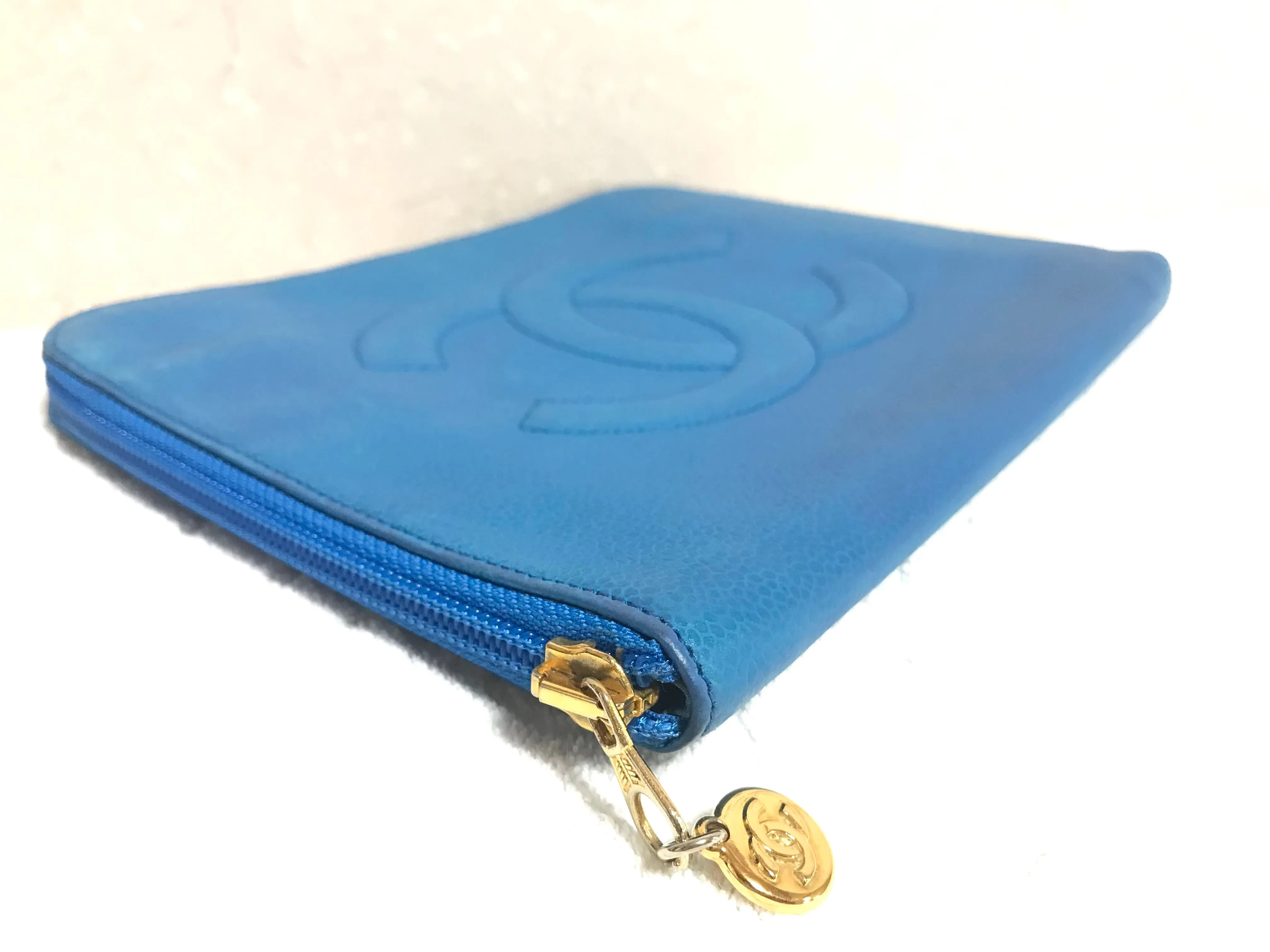 Vintage CHANEL blue caviar clutch bag, iPhone case, large wallet, cosmetic case pouch, mini bag. Best purse for daily use. 0506308