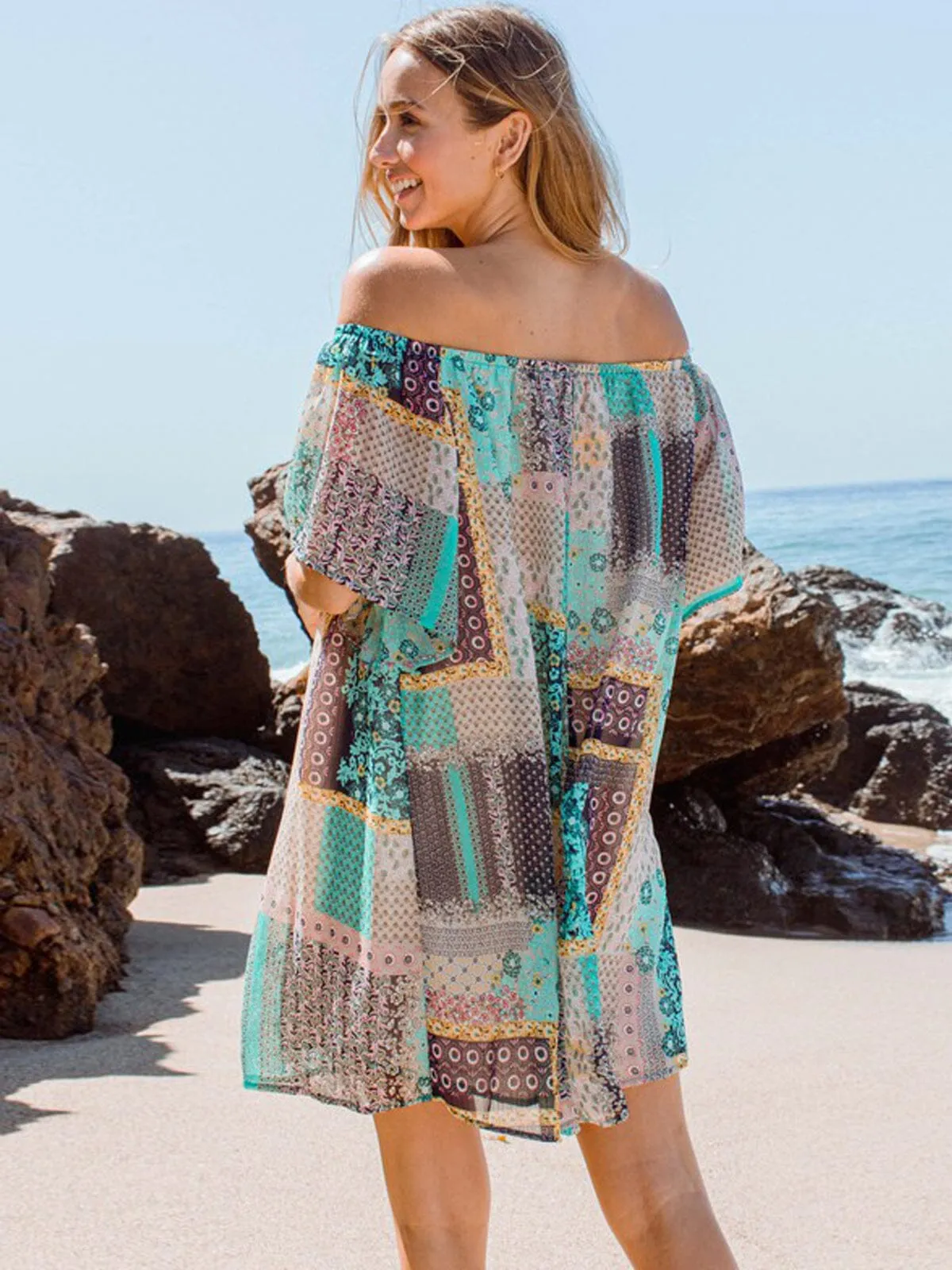 WOMEN'S OFF SHOULDER MULTI PRINT TUNIC SHIMMER MINI DRESS